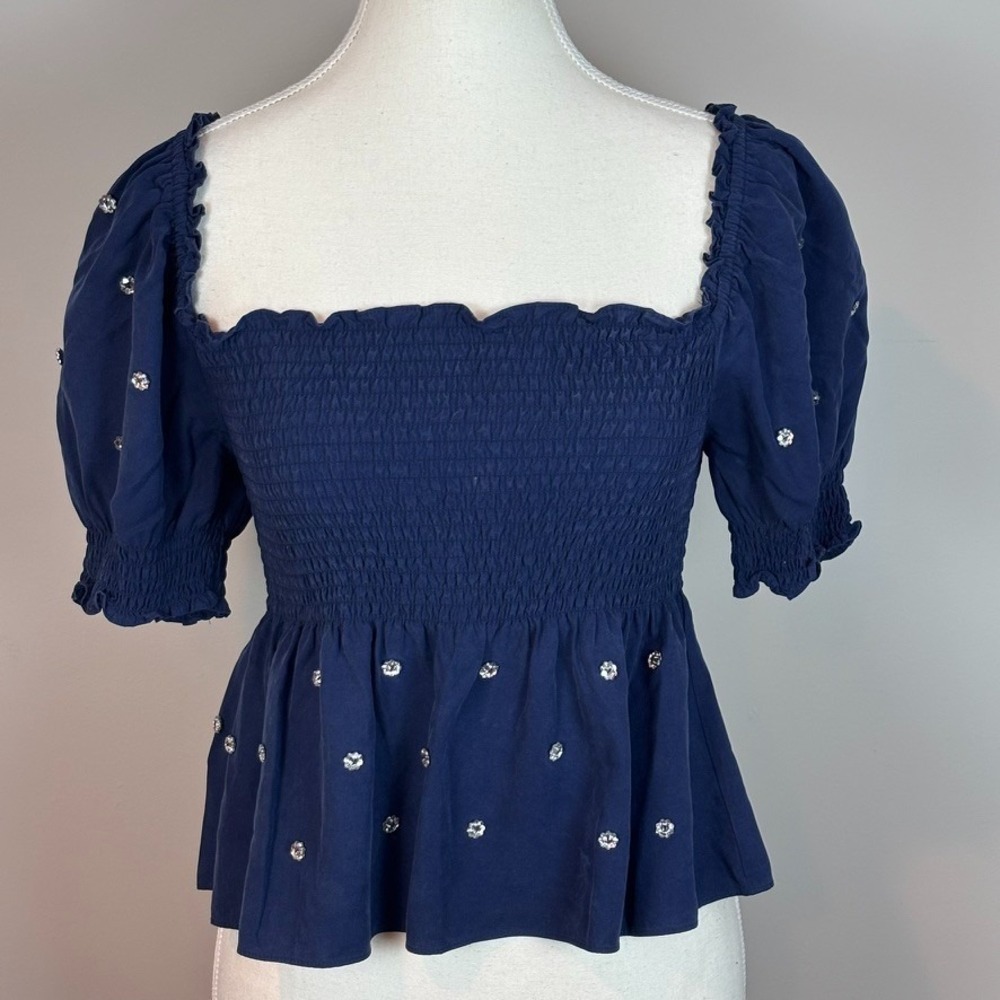 Hill House Home Jeweled Jammie Top Smocked Puff Sleeve Womens Small Cottagecore